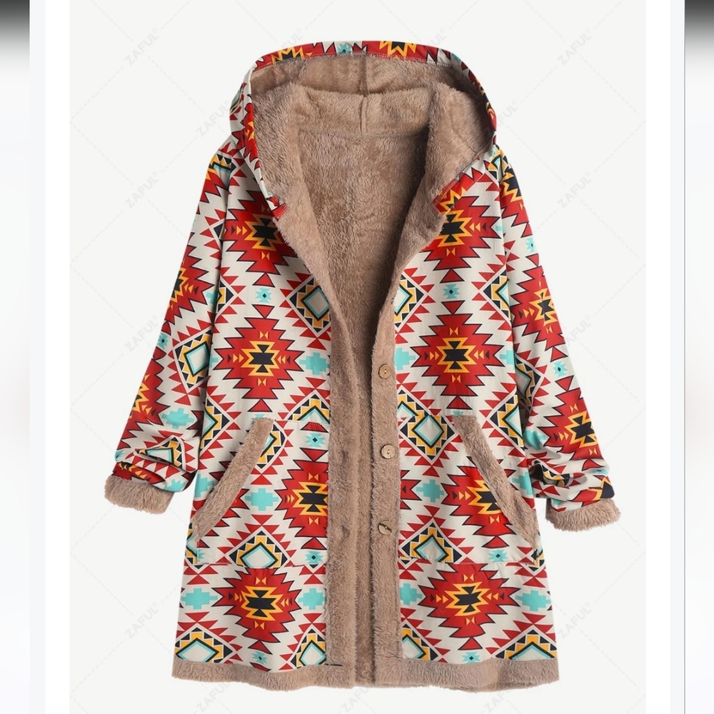 Aztec tribal long jacket, sherpa lined large, two pockets, hoodie, button up.